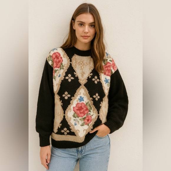 Sweaters - Vintage Enchante Sweater Floral Brocade Bouquet Black Pink White Blue Size M‌‌